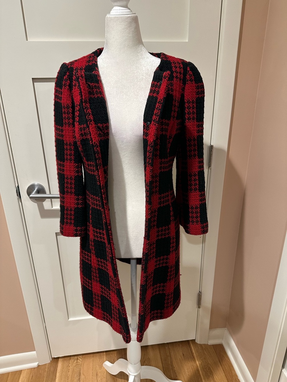Loft size 2 black and red plaid wool blend car coat.